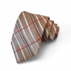 NWT Dockers Silk Tie Beige White Orange Gray Burgundy Plaid Pattern